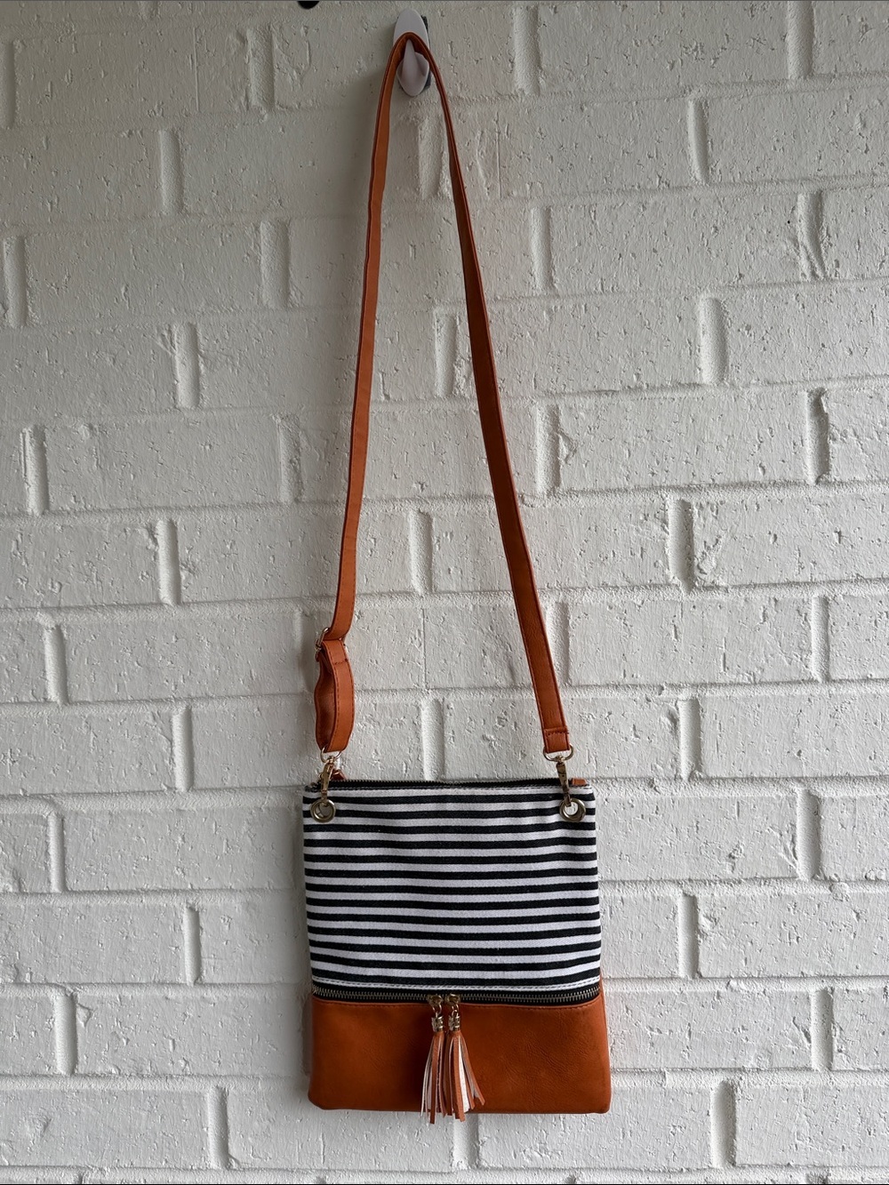Lightweight Striped Canvas and Brown Crossbody Bag, Tassels, Gold-tone hardware
